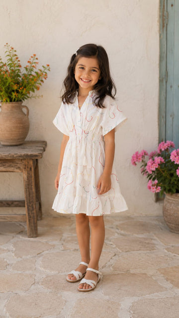 Baby Girls White Abstract Printed Smocked Waist Flared Dress