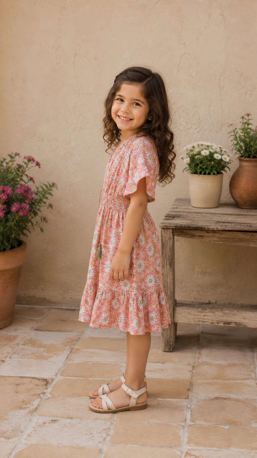 Baby Girls Peach Floral Printed Smocked Waist Flared Dress