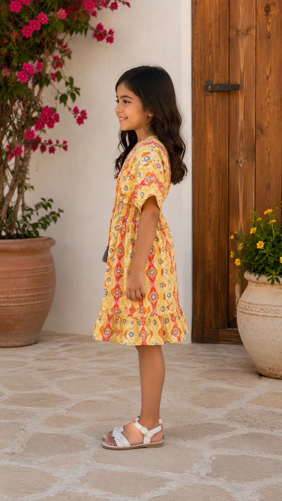Baby Girls Cotton Yellow Ikat Printed Smocked Waist Ruffle Hem Dress