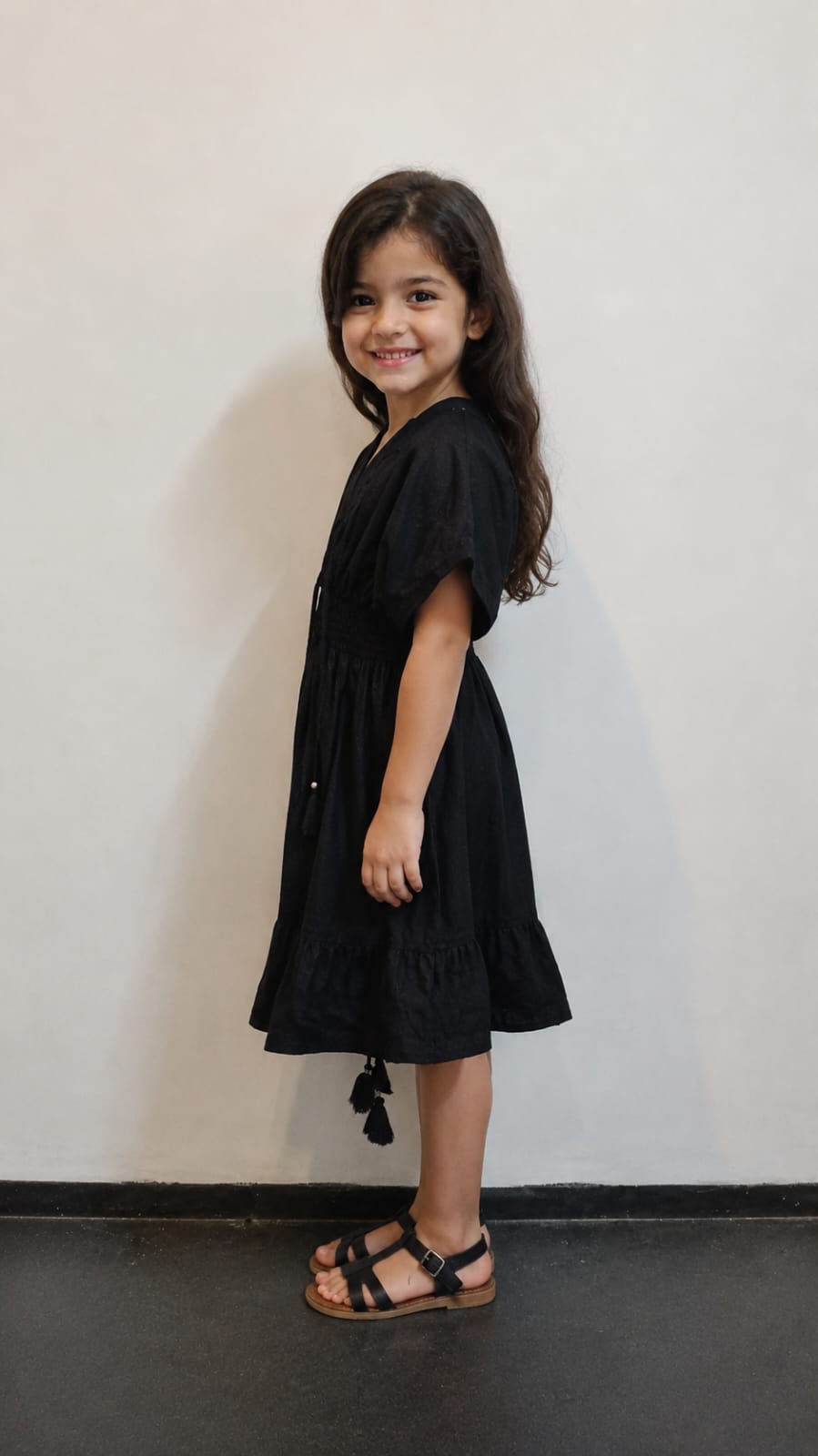 Baby Girls Solid Black Smocked Waist Tassel Tie-Up Flared Dress
