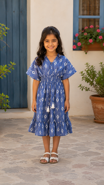 Baby Girls Cotton Blue Ikat Printed Smocked Waist Ruffle Hem Dress