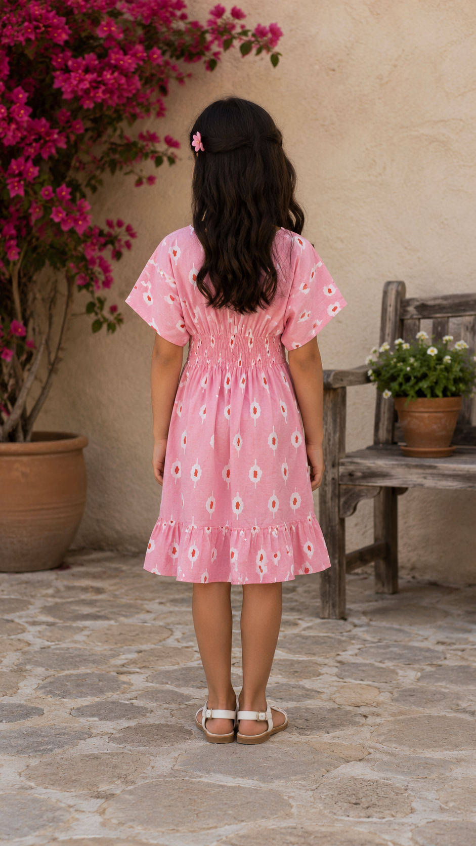 Baby Girls Cotton Pink Ikat Printed Smocked Waist A-Line Dress