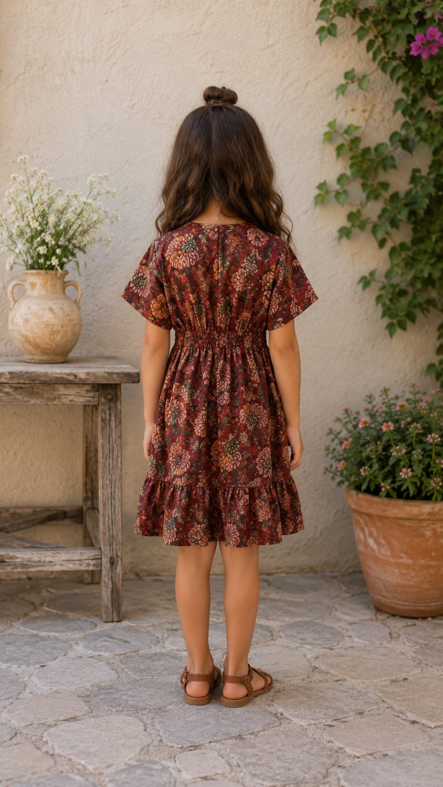 Baby Girls Maroon Floral Printed Smocked Waist Flared Dress