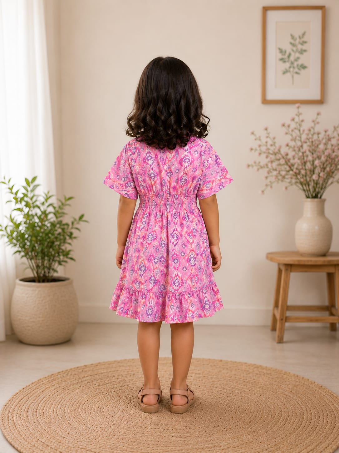 Baby Girls Cotton Pink Ikat Printed Smocked Waist Ruffle Hem Dress