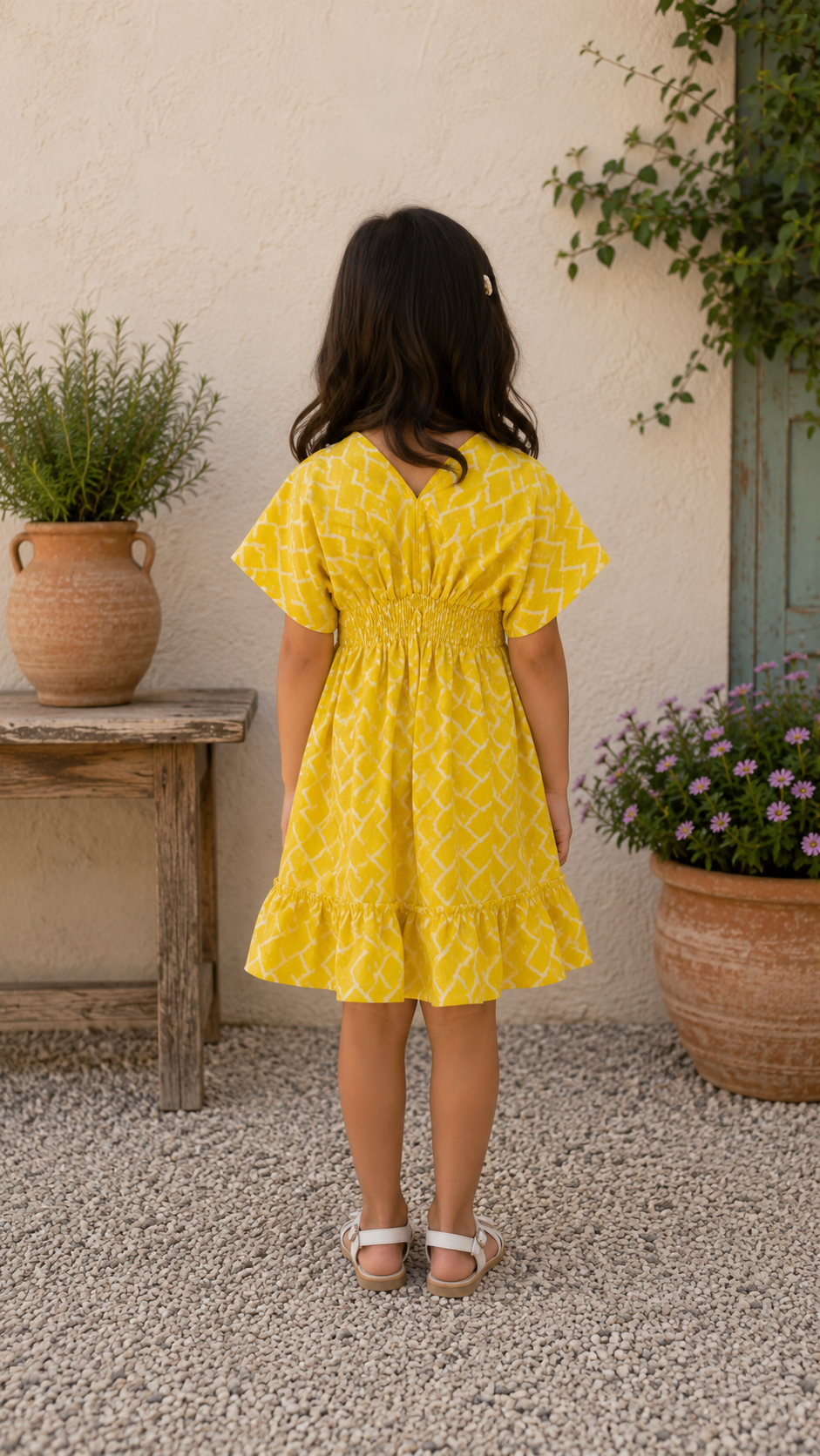 Baby Girls Cotton Yellow Chevron Printed Smocked Waist A-Line Dress
