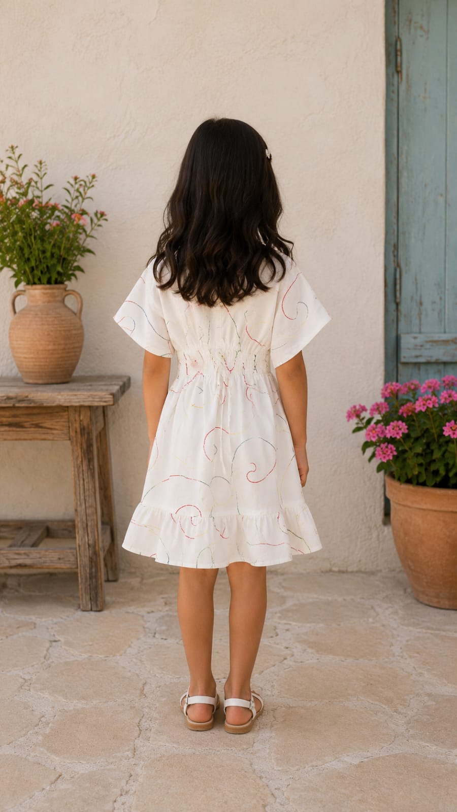 Baby Girls White Abstract Printed Smocked Waist Flared Dress