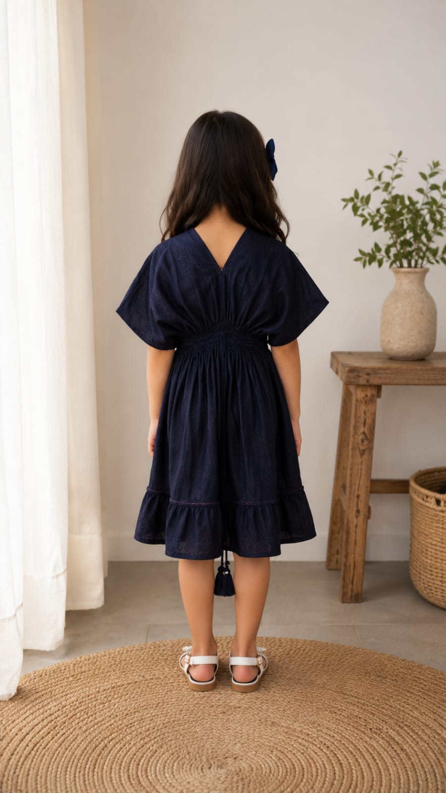 Baby Girls Solid Navy Blue Smocked Waist Tassel Tie-Up Flared Dress
