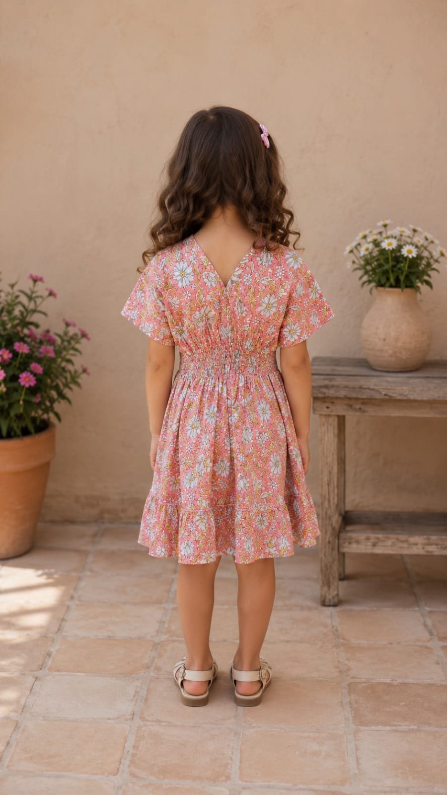 Baby Girls Peach Floral Printed Smocked Waist Flared Dress