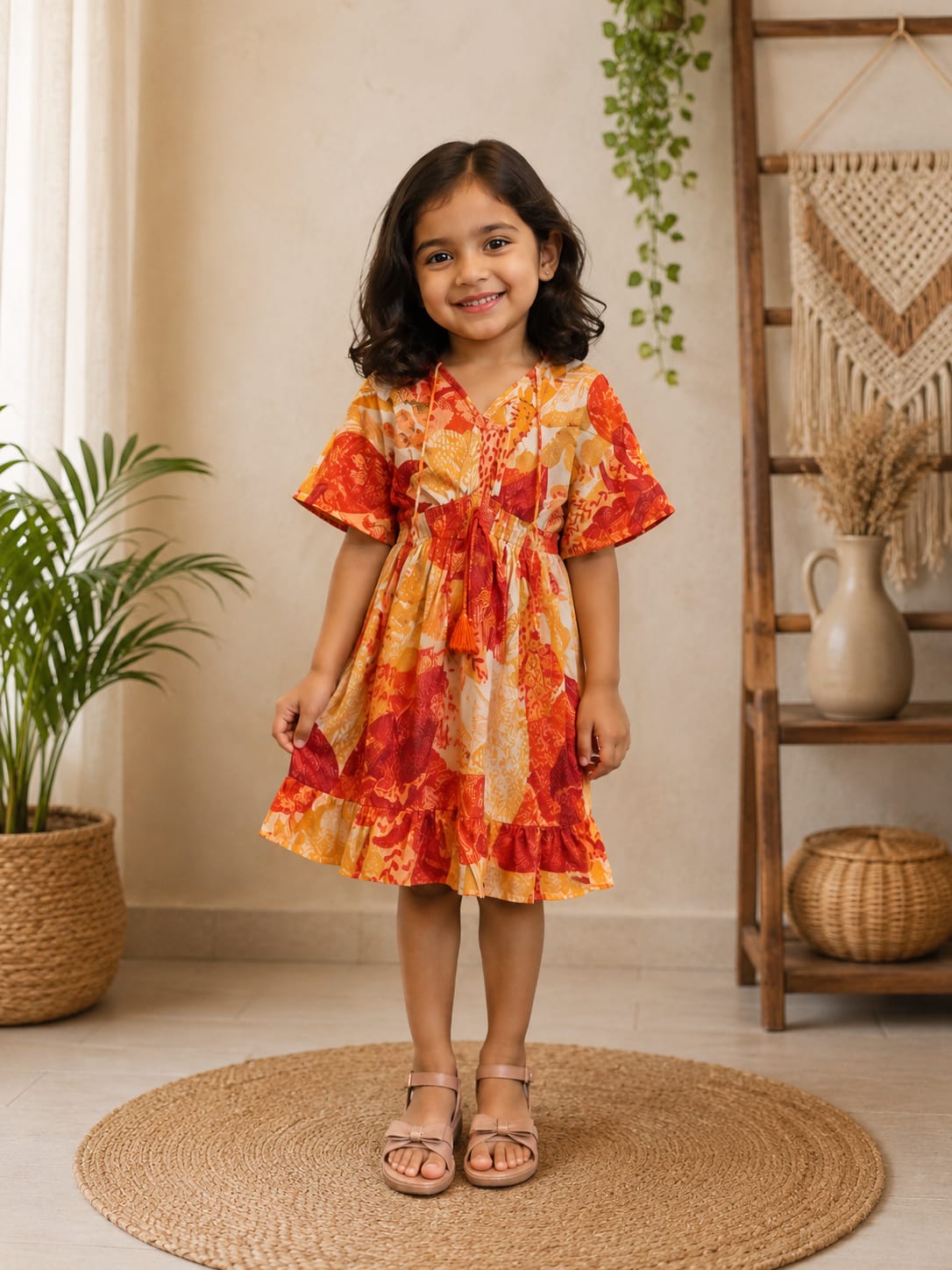 Baby Girls Cotton Orange Tropical Floral Printed Smocked Waist Ruffle Hem Dress