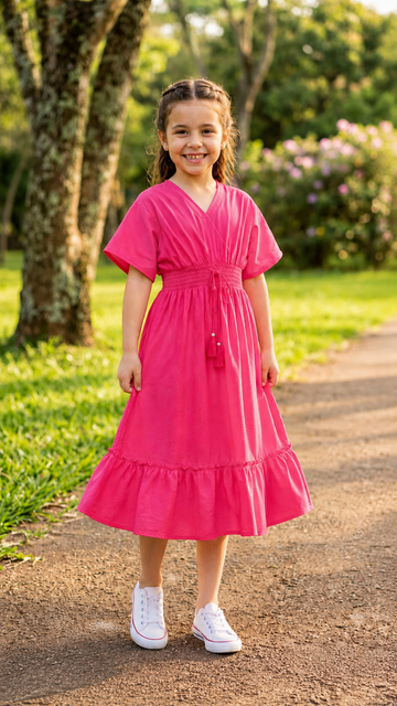 Baby Girls Pink Solid Cotton Smocked Waist Flared Midi Dress