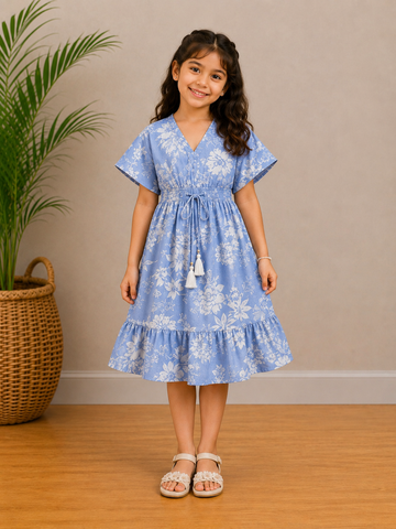 Baby Girls Powder Blue Floral Printed Tassel Tie-Up Smocked Waist Flared Midi Dress