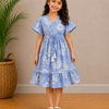 Baby Girls Powder Blue Floral Printed Tassel Tie-Up Smocked Waist Flared Midi Dress