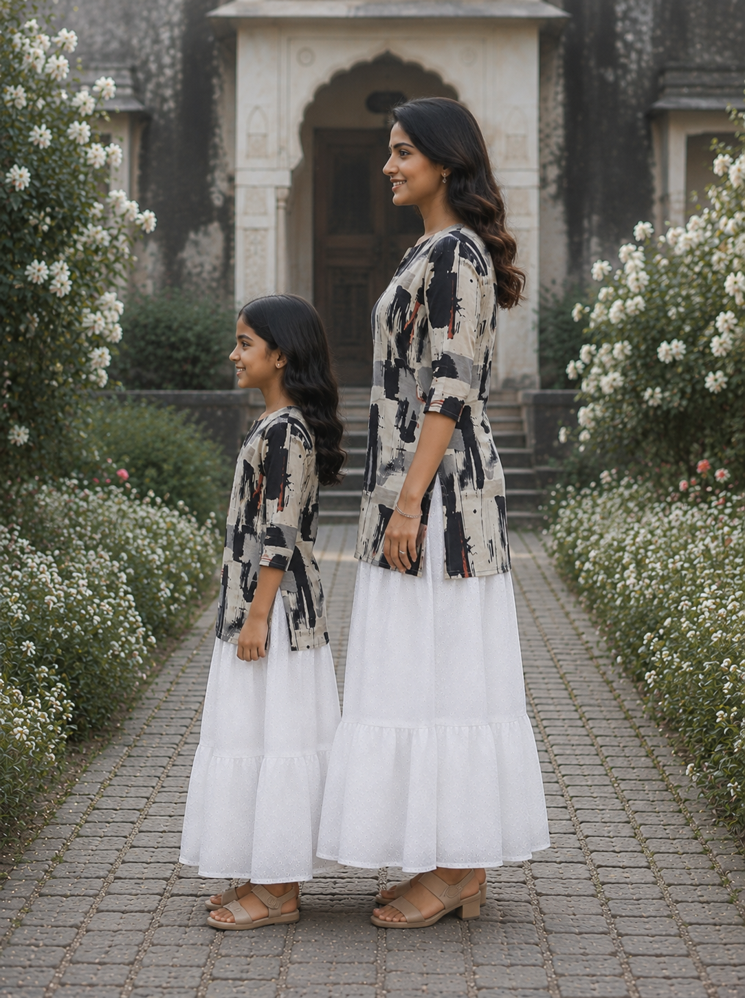 Mom & Daughter Black Abstract Print Kurta with White Tiered Skirt Set