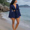 Women’s Navy Blue Abstract Printed Cotton Beach Wear Set with Bell Sleeve Tie-Up Top & Tassel Shorts