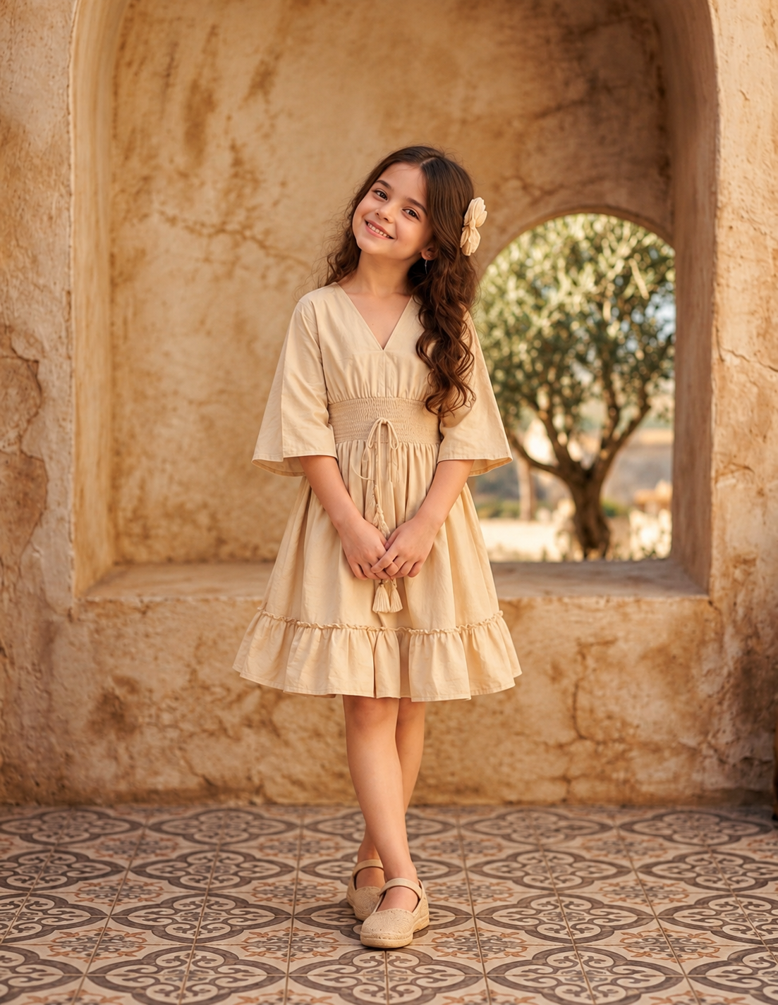Mother & Daughter Beige V-Neck Smocked Waist Flared Dresses with Men’s Beige Casual Shirt – Matching Family Outfit Set