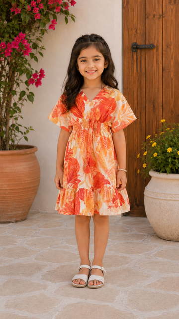 Baby Girls Cotton Orange Tropical Floral Printed Smocked Waist Ruffle Hem Dress