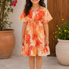 Baby Girls Cotton Orange Tropical Floral Printed Smocked Waist Ruffle Hem Dress