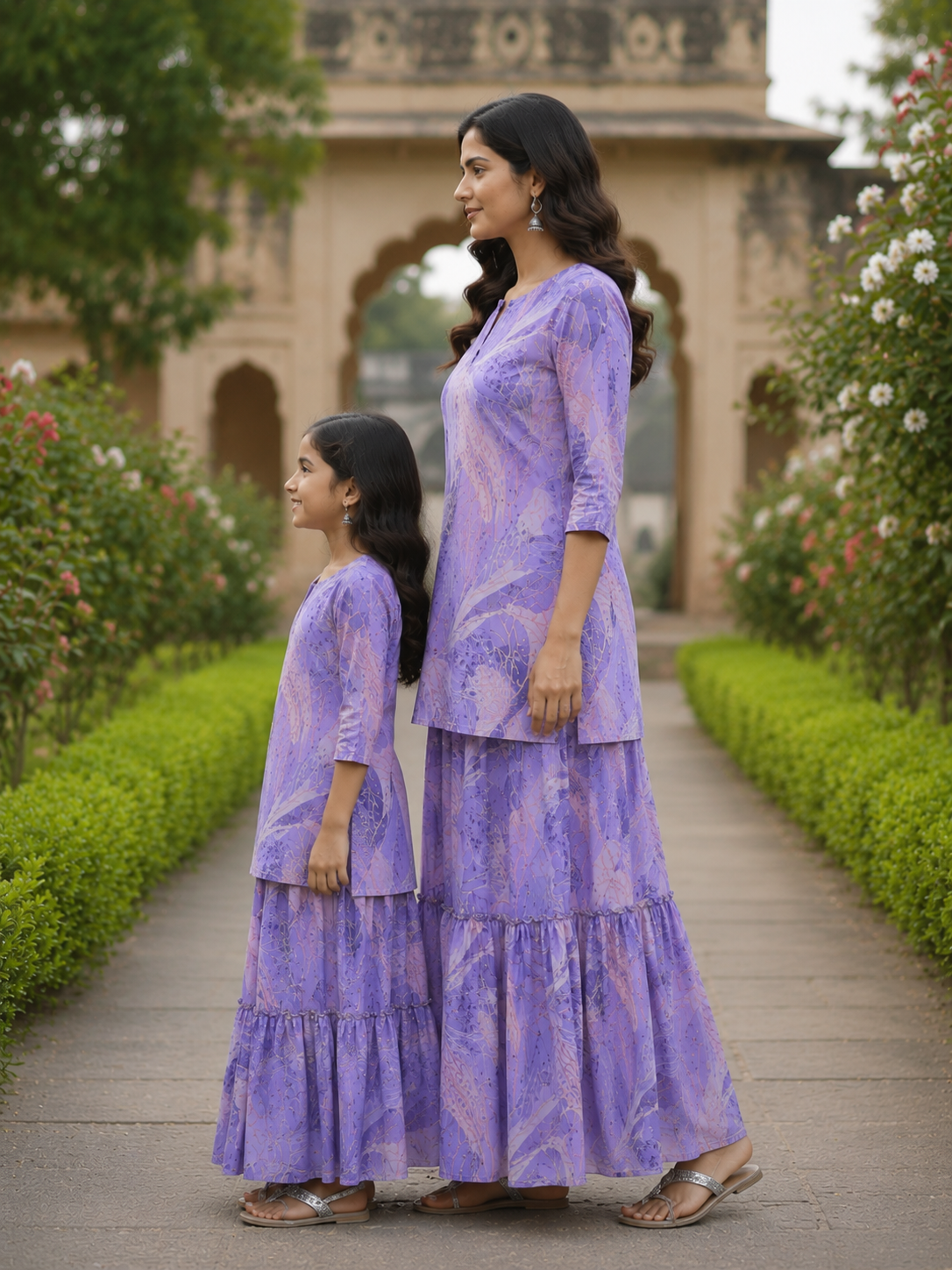 Mom & Daughter Lavender Purple Printed Kurta & Tiered Skirt Matching Co-ord Set