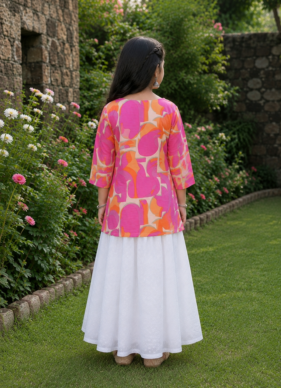 Girl's Pink & Orange Abstract Printed Kurta with White Eyelet Flared Skirt Set