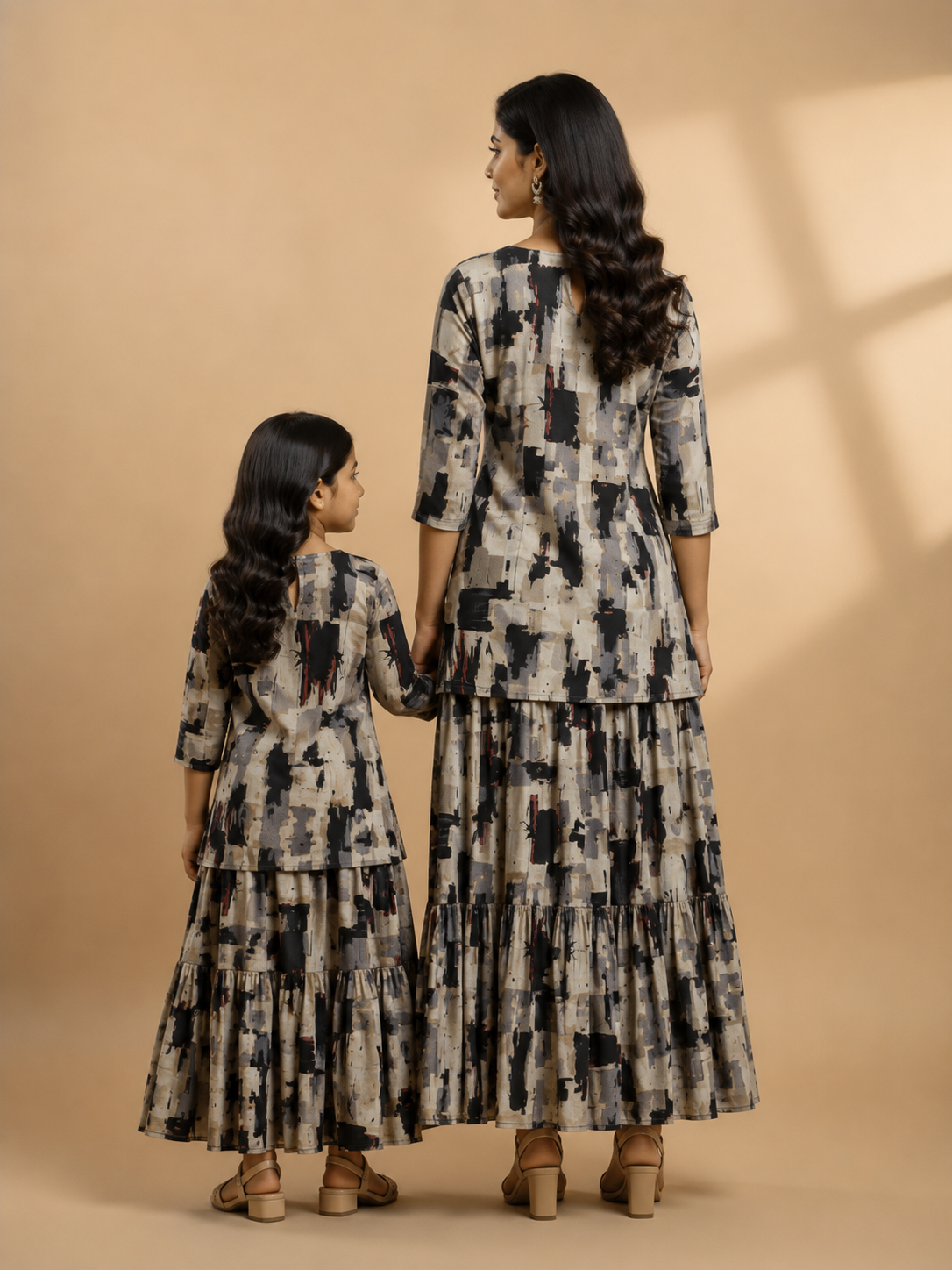 Mom & Daughter Beige Abstract Printed Kurta & Tiered Skirt Matching Co-ord Set