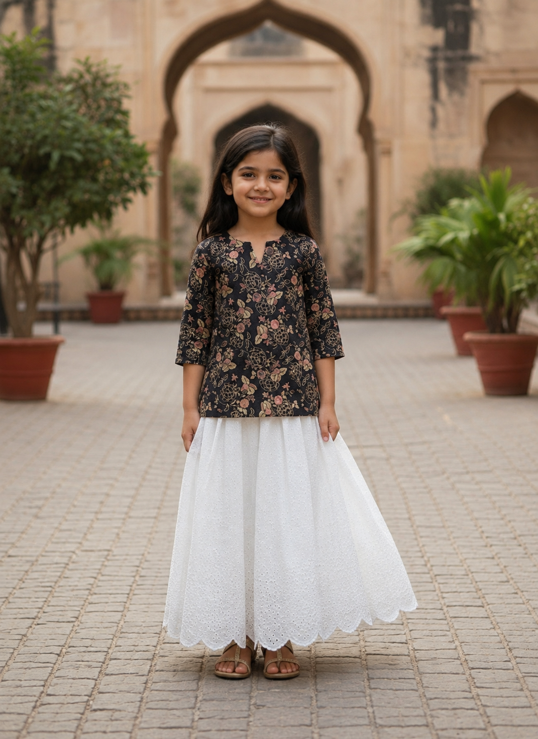 Girl's Black Floral Printed Kurta with White Scalloped Skirt Set