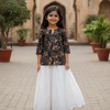 Girl's Black Floral Printed Kurta with White Scalloped Skirt Set
