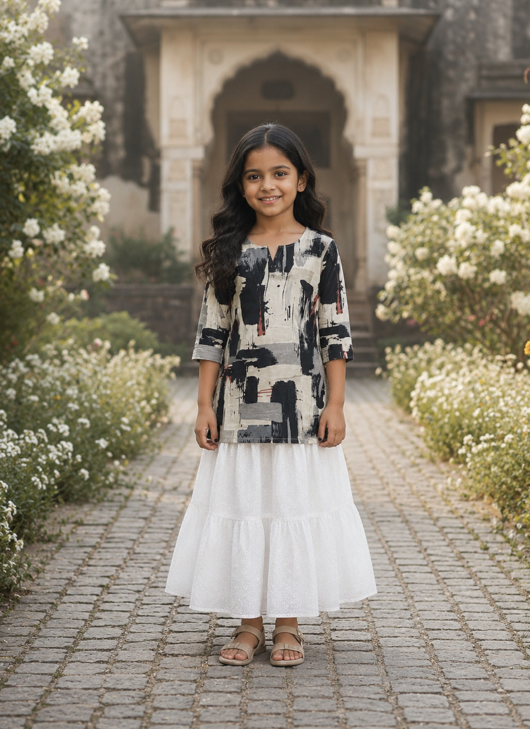 Girl's Black & White Abstract Printed Kurta with White Tiered Skirt Set