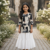 Girl's Black & White Abstract Printed Kurta with White Tiered Skirt Set