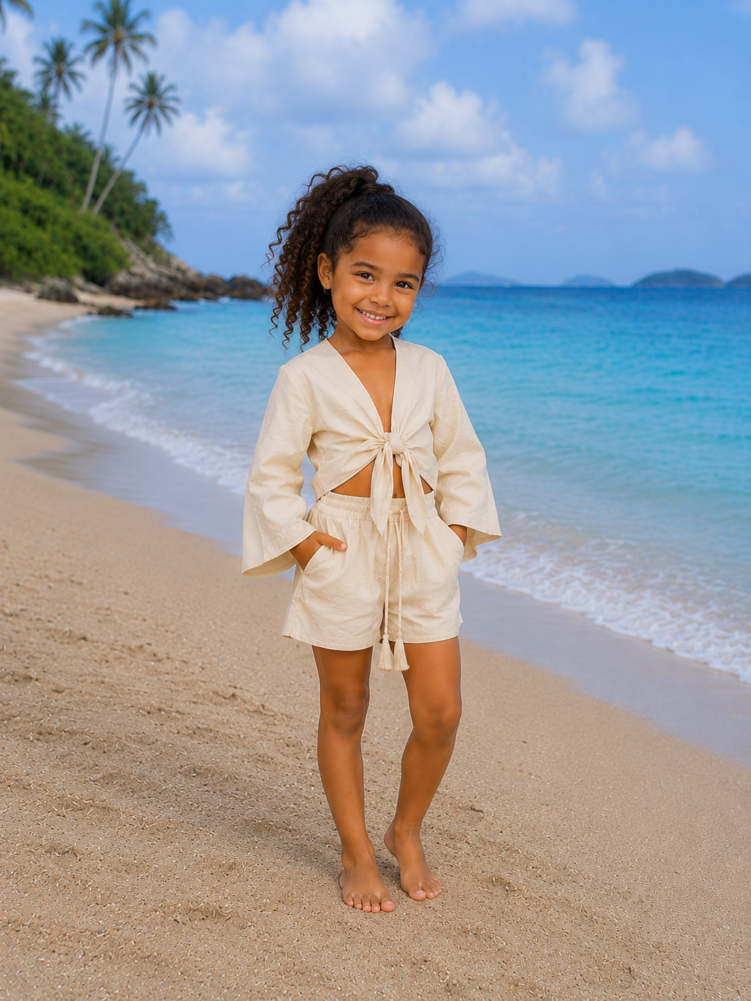 Girls Ivory White Cotton Beach Wear Set with Bell Sleeve Tie-Up Top & Tassel Shorts