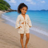 Girls Ivory White Cotton Beach Wear Set with Bell Sleeve Tie-Up Top & Tassel Shorts