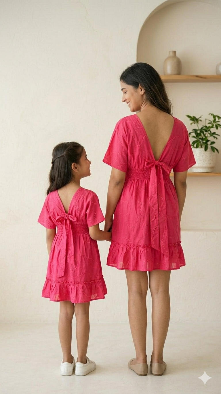 Mom & Daughter Pink Smocked Waist Matching Flared Dress Set with Tassel Tie-Up Detail