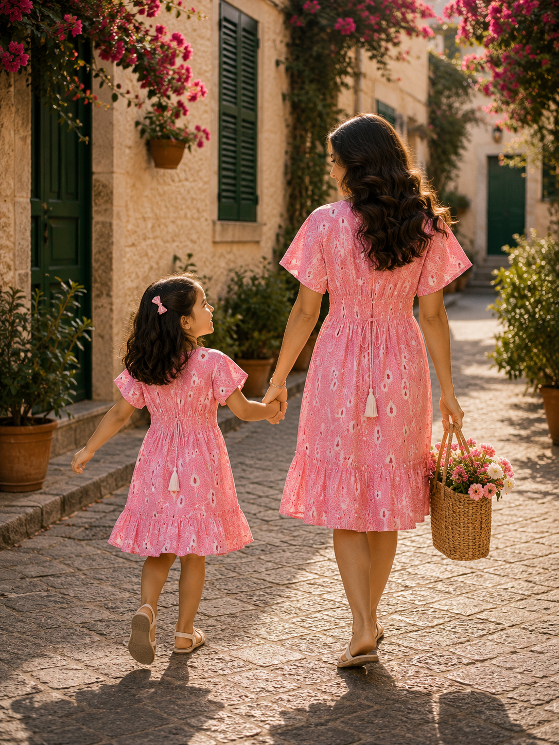 Mom & Daughter Blush Pink Floral Printed Matching Flared Dress Set with Tassel Tie-Up Detail