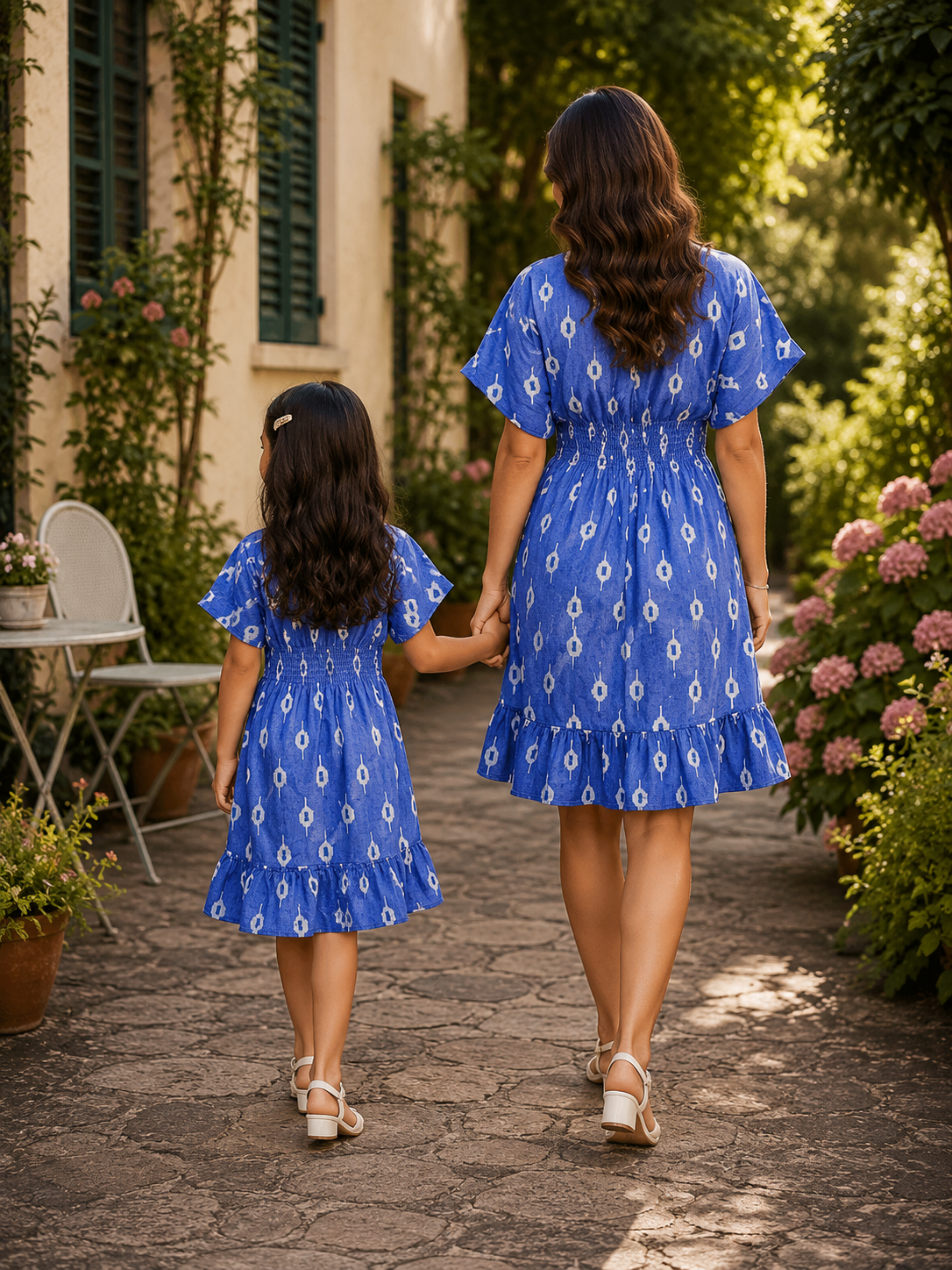 Mom & Daughter Blue Ikat Printed Matching Flared Dress Set with Tassel Tie-Up Detail