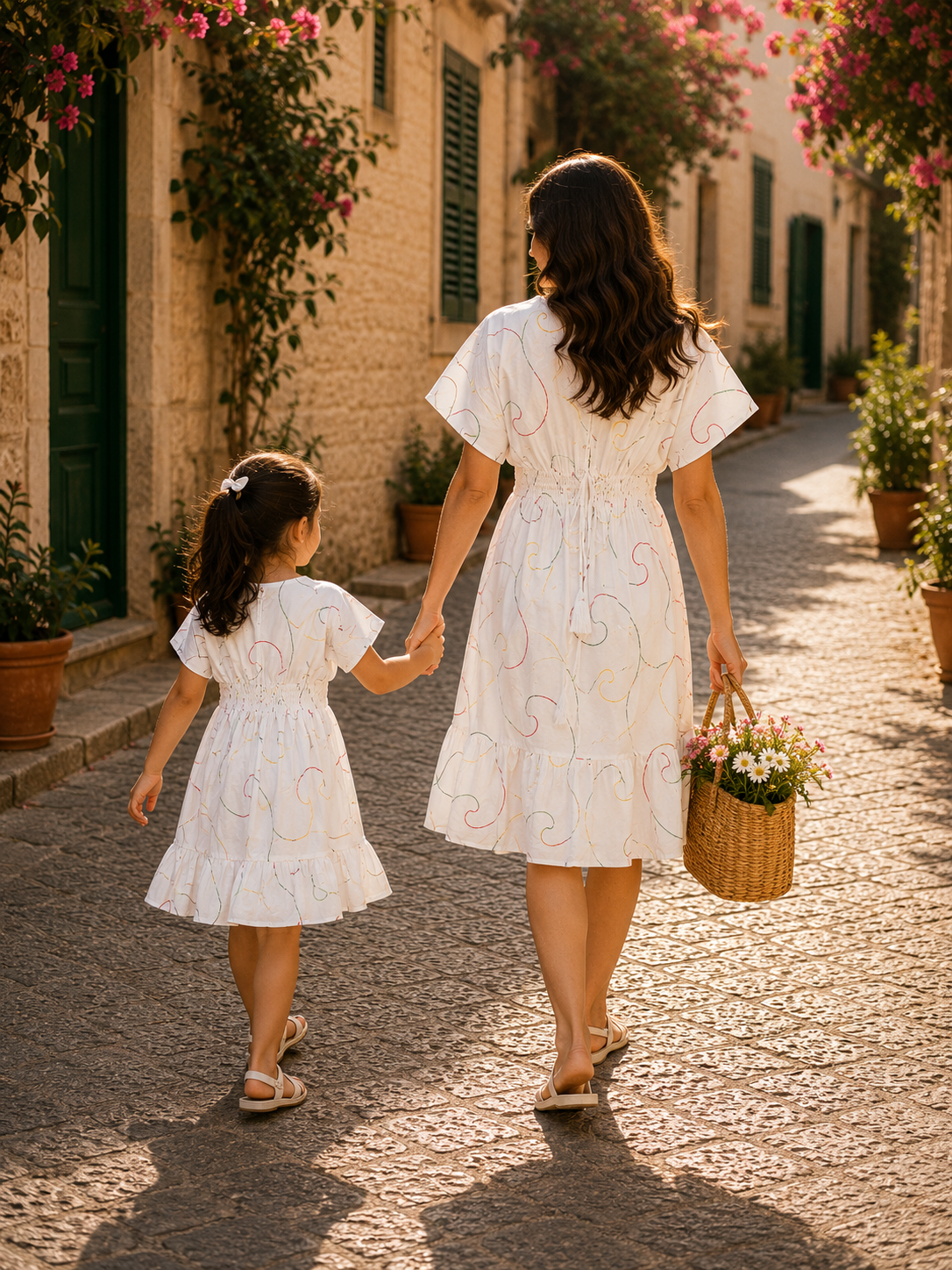 Mom & Daughter White Abstract Swirl Printed Matching Flared Dress Set with Tassel Tie-Up Detail