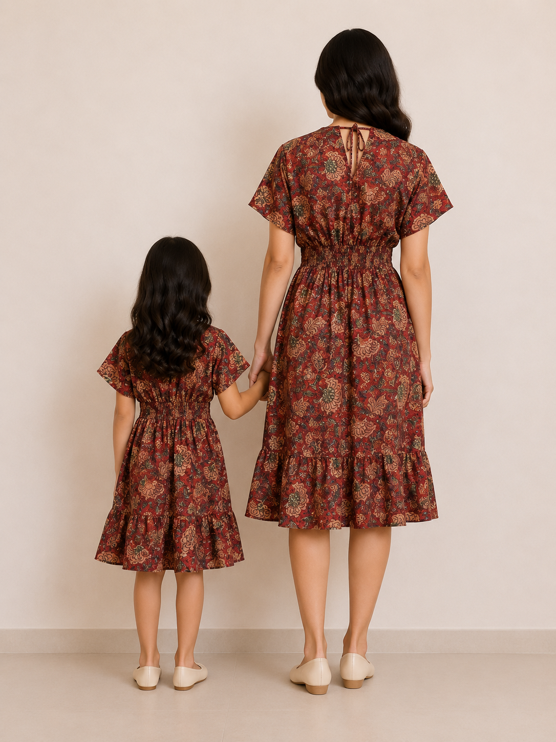 Mom & Daughter Rust Brown Floral Printed Smocked Waist Matching Flared Dress Set