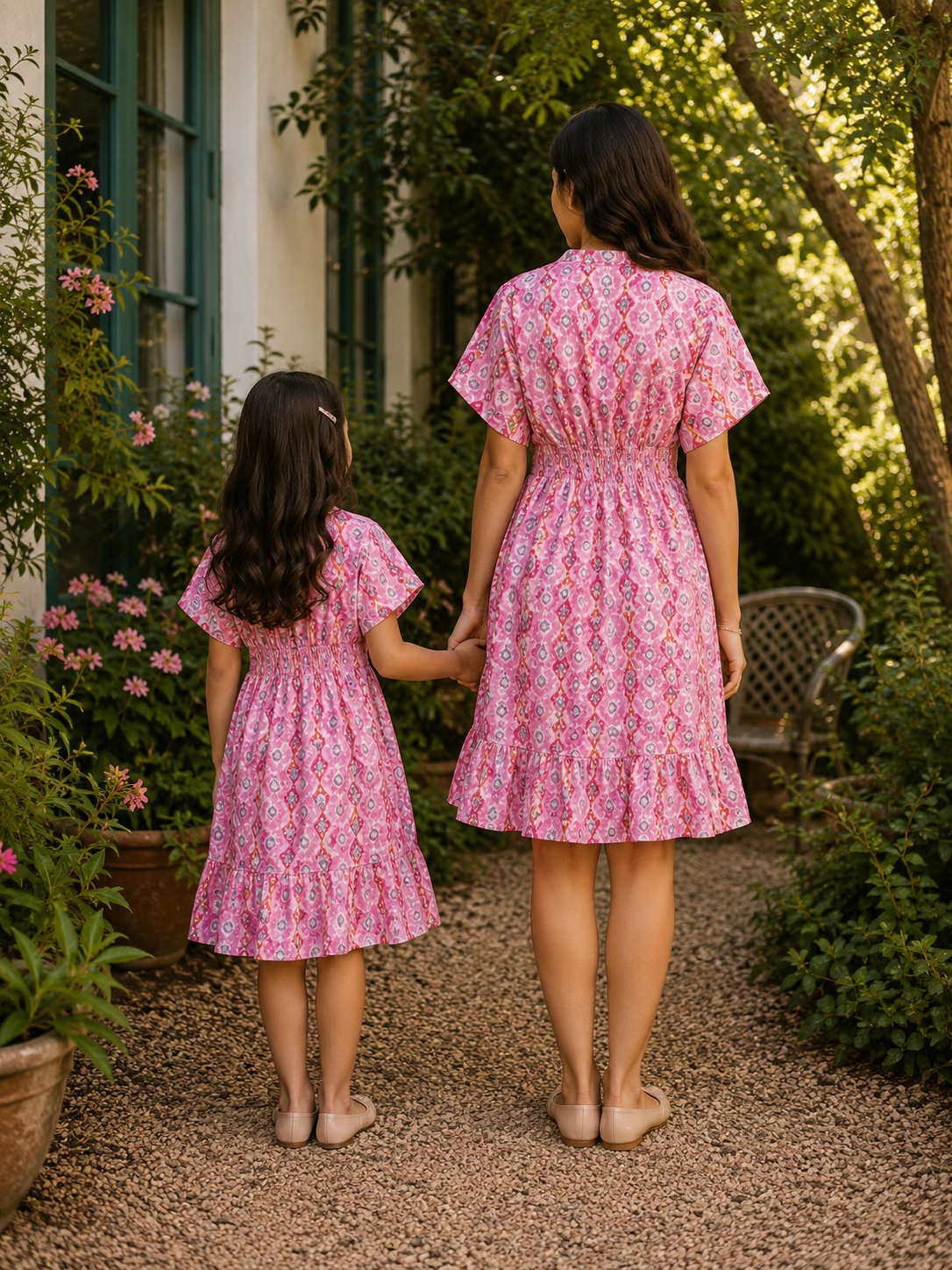 Mom & Daughter Pink Ikat Printed Matching Flared Dress Set with Tassel Tie-Up Detail