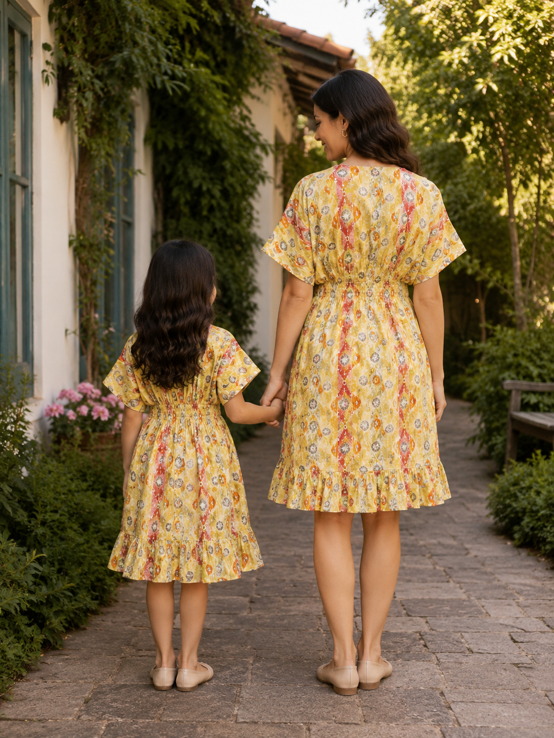 Mom & Daughter Yellow Ethnic Printed Matching Flared Dress Set with Tassel Tie-Up Detail