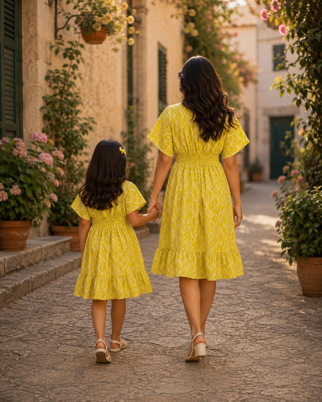 Mom & Daughter Sunshine Yellow Printed Matching Flared Dress Set with Tassel Tie-Up Detail