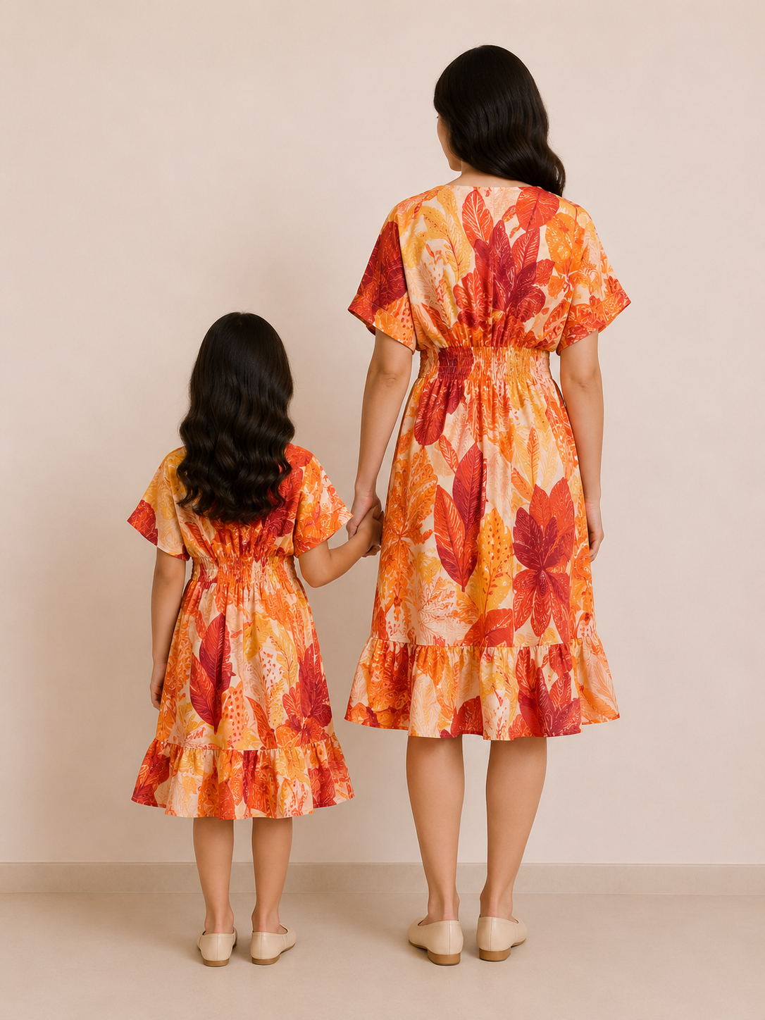 Mom & Daughter Orange Tropical Leaf Printed Matching Flared Dress Set with Tassel Tie-Up Detail
