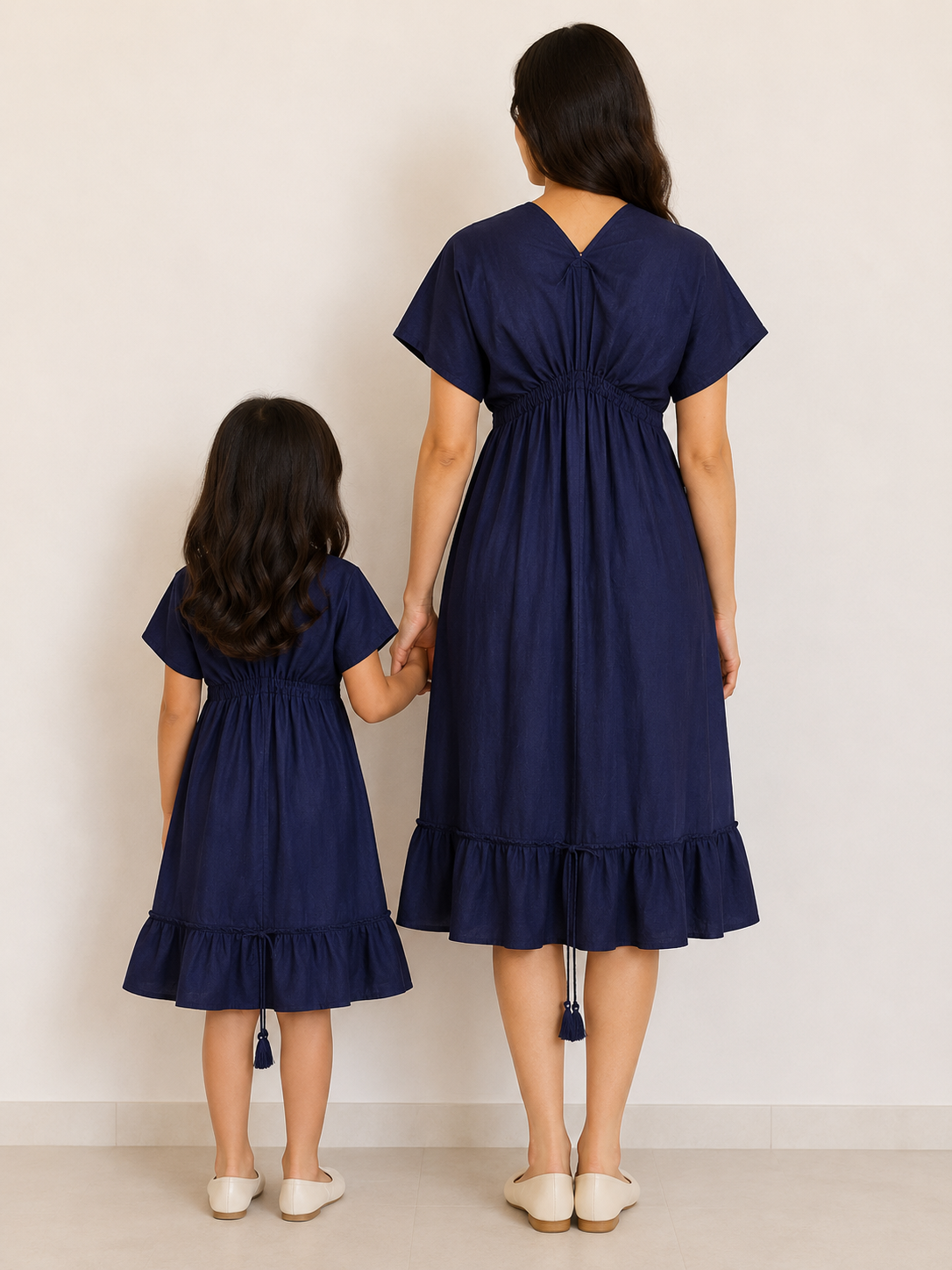 Mom & Daughter Navy Blue Solid Flared Midi Dress Set with Tassel Tie-Up Detail