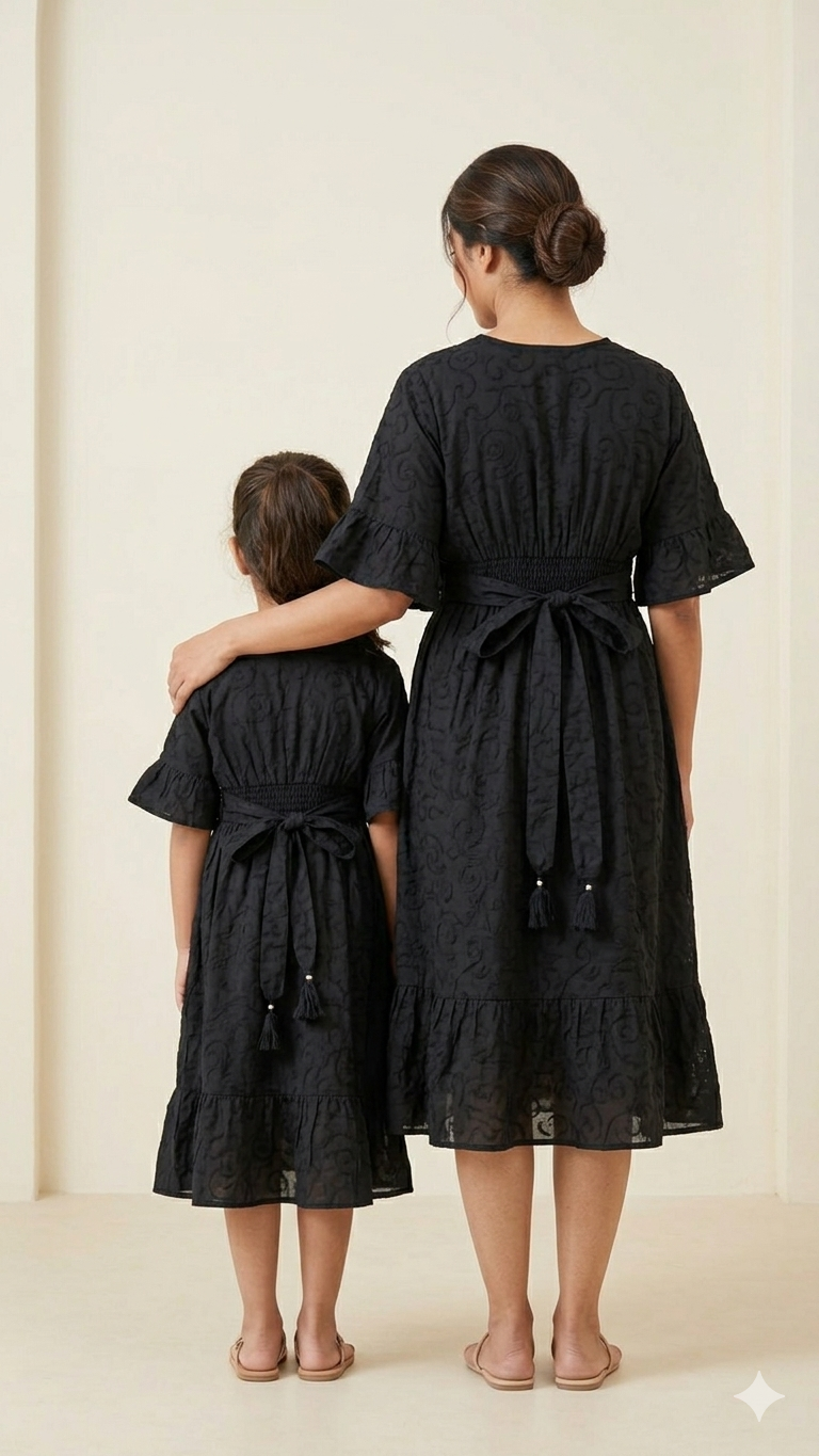 Mom & Daughter Black Embroidered Smocked Waist Matching Midi Dress Set with Tassel Tie-Up Detail