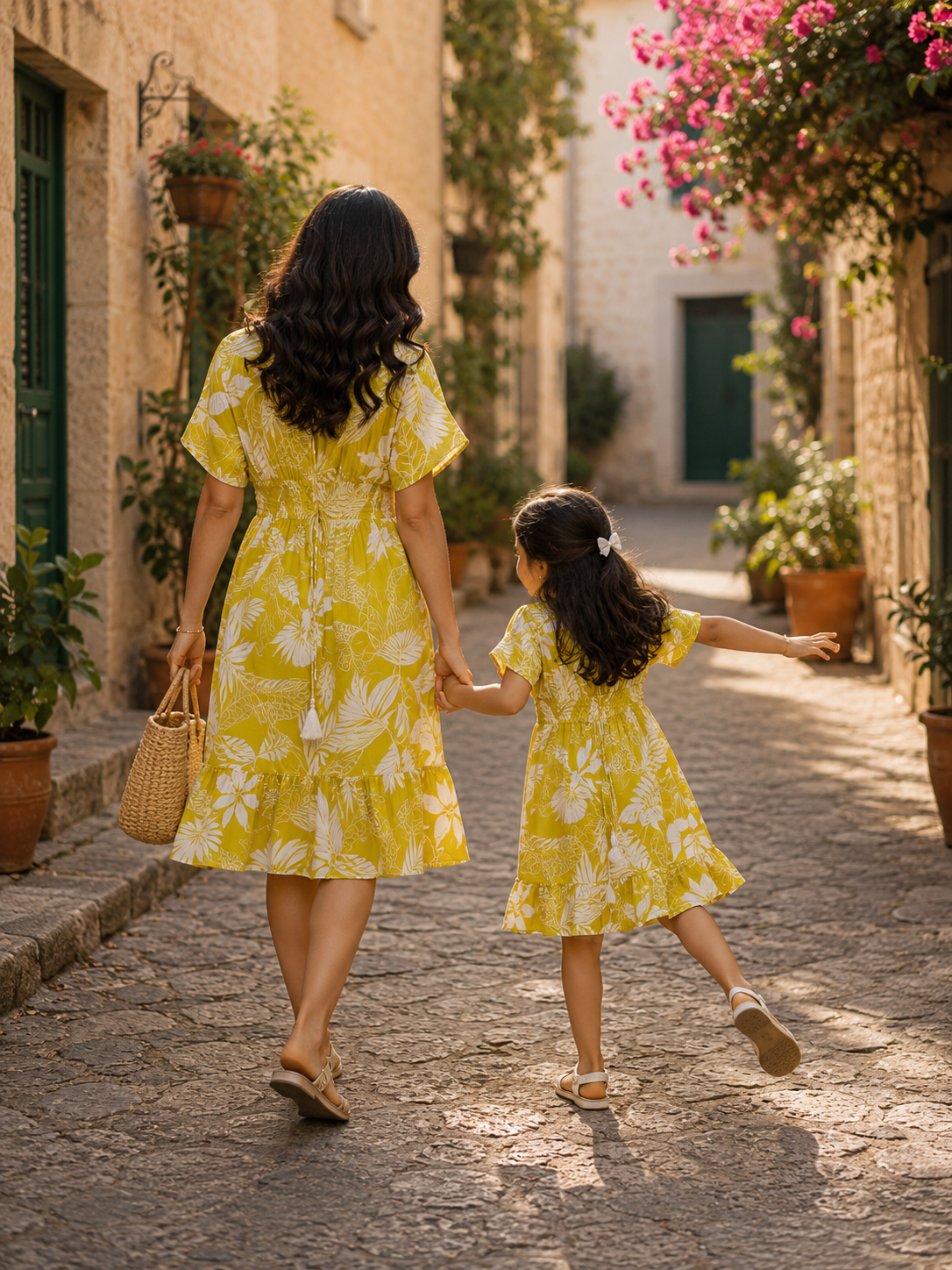 Mom & Daughter Tropical Yellow Floral Printed Matching Flared Dress Set with Tassel Tie-Up Detail