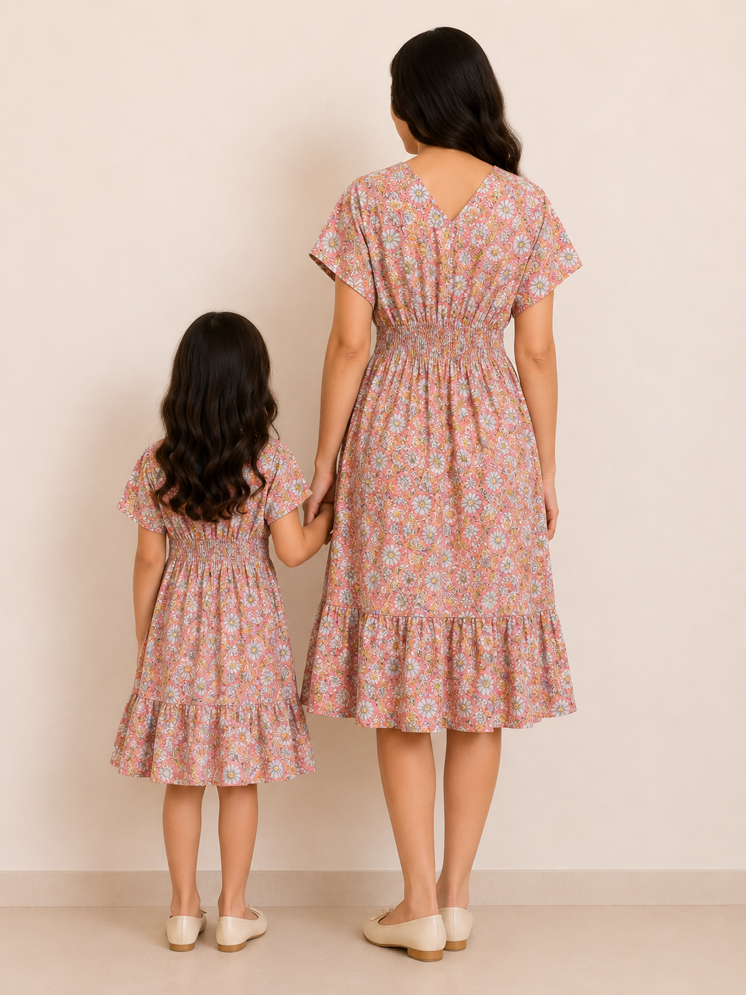Mom & Daughter Peach Floral Printed Smocked Waist Matching Flared Dress Set with Tassel Tie-Up Detail