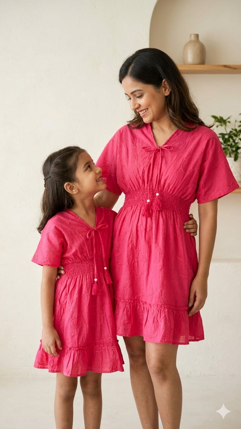 Mom & Daughter Pink Smocked Waist Matching Flared Dress Set with Tassel Tie-Up Detail