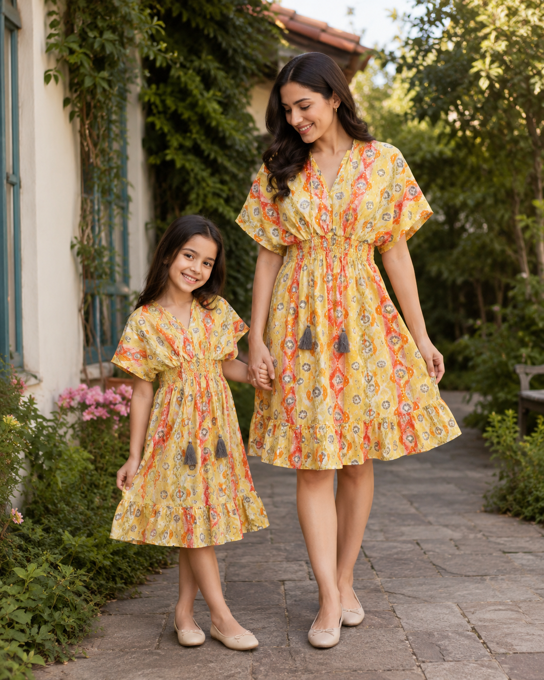 Mom & Daughter Yellow Ethnic Printed Matching Flared Dress Set with Tassel Tie-Up Detail