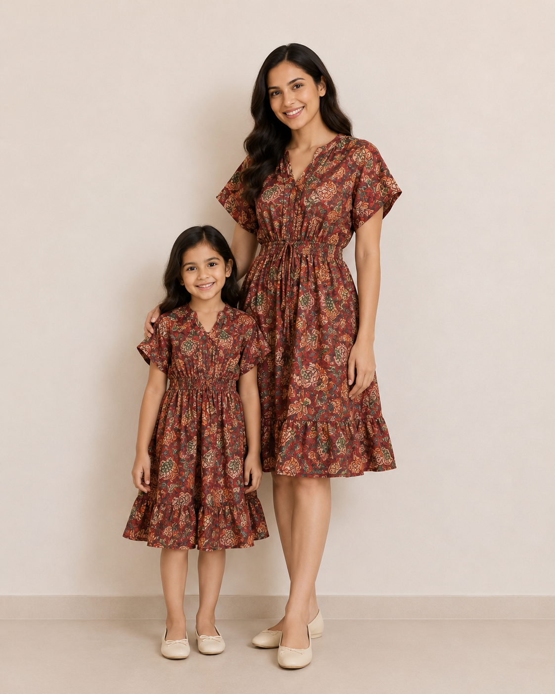 Mom & Daughter Rust Brown Floral Printed Smocked Waist Matching Flared Dress Set