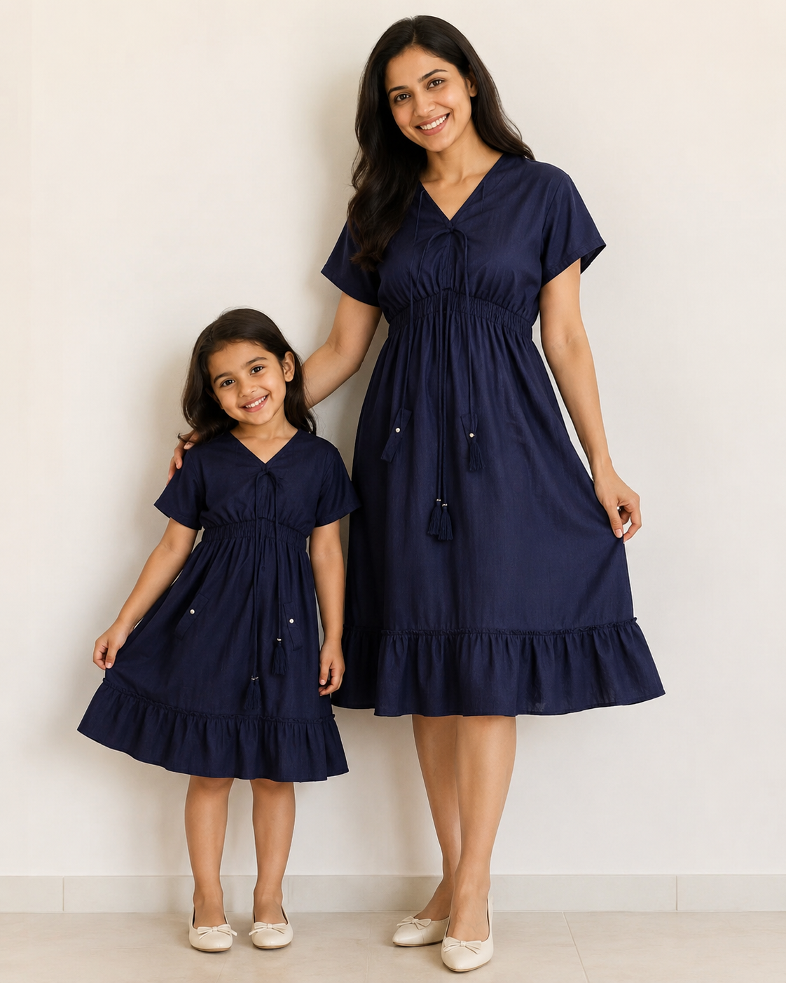 Mom & Daughter Navy Blue Solid Flared Midi Dress Set with Tassel Tie-Up Detail