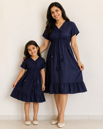 Mom & Daughter Navy Blue Solid Flared Midi Dress Set with Tassel Tie-Up Detail