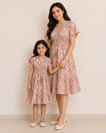 Mom & Daughter Peach Floral Printed Smocked Waist Matching Flared Dress Set with Tassel Tie-Up Detail