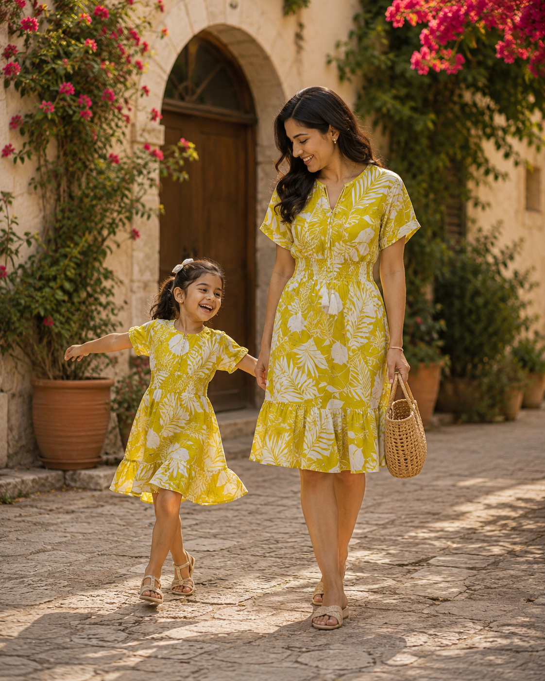 Mom & Daughter Tropical Yellow Floral Printed Matching Flared Dress Set with Tassel Tie-Up Detail